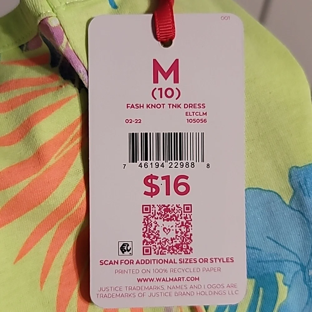Justice Tank Dress Girls Kids Medium (10) Lime Knot Floral Sleeveless Tropical